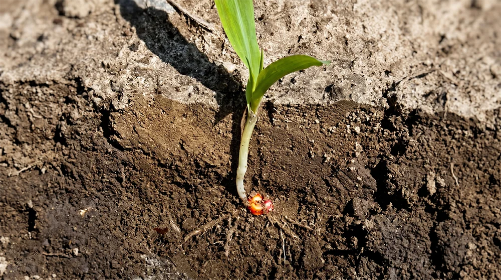 Stożek wzrostu kukurydzy pod powierzchnią gleby